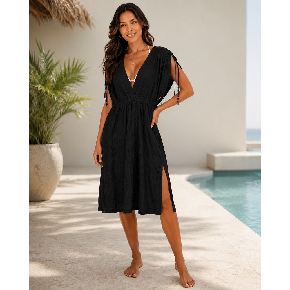 Lauren Ralph Lauren Luxe Vaca Black Gauze V-Neck Swim Cover Up Dress Size M-L